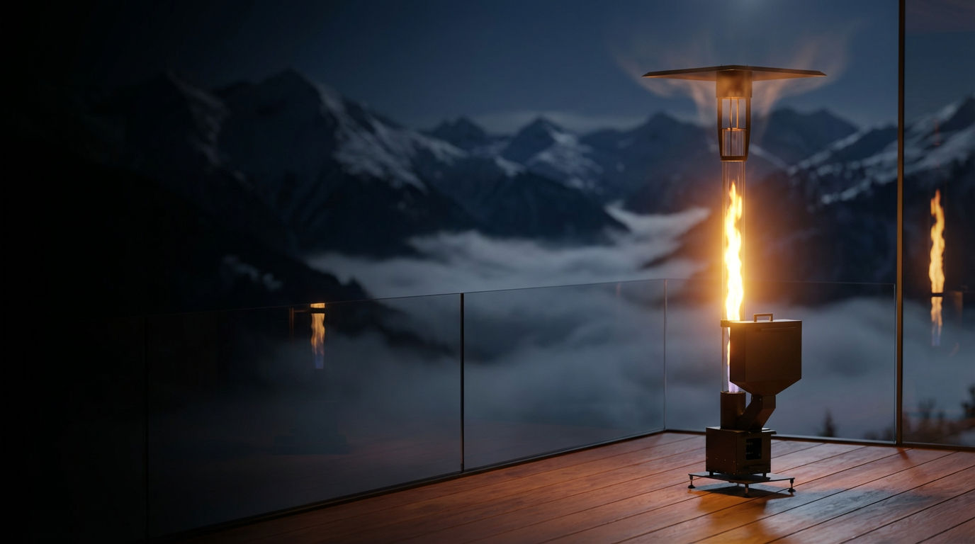 chauffe terrasse pellet premium acier pyroca terrasse montagne neige