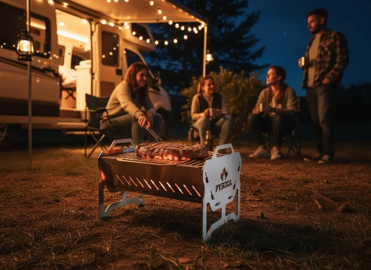 Barbecue nomade XL PYROCA grillade vanlife camping people gathering